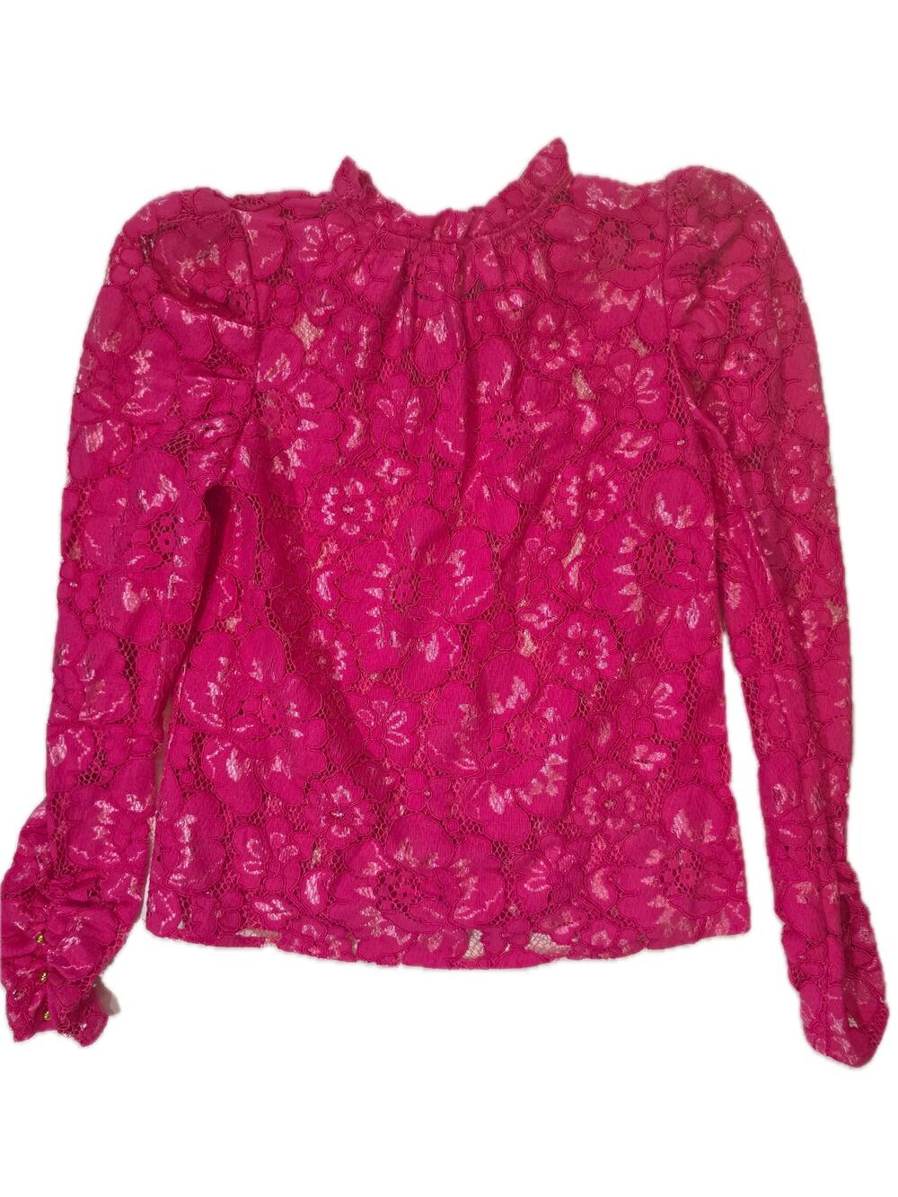 Blouse Womens M Pink Floral Lace High Neck Puff Sleeve Ruffle Bow Lined Party